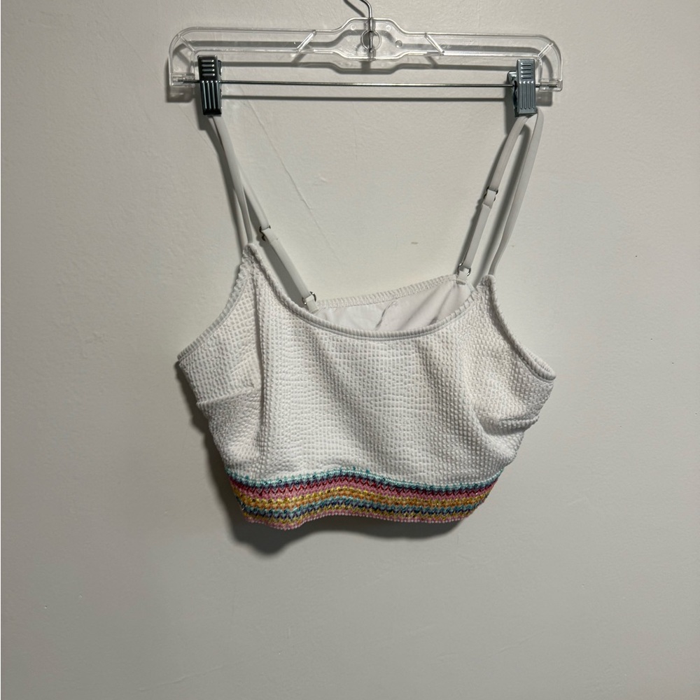 White Cropped Tank Top with Rainbow Trim